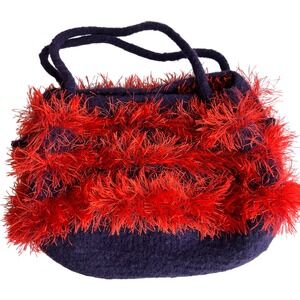 Signed Handmade Felted Wool Tote‎ Bag Purple Red Eyelash Yarn Boho Fuzzy Purse